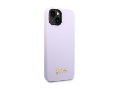 Capa Guess de silicone com logo vintage dourado para iPhone 14/15 Plus - Roxa