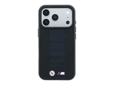Capa MagSafe BMW M Blue Perfo com logótipo metálico para iPhone 18 Pro/17 Pro - Preta Capa MagSafe BMW M Blue Perfo com logótipo metálico para iPhone 18 Pro/17 Pro - Preta