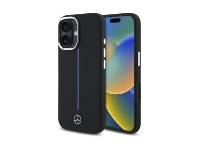 Mercedes Silicone Blue Stripe MagSafe iPhone 16 Case - Black Mercedes Silicone Blue Stripe MagSafe iPhone 16 Case - Black