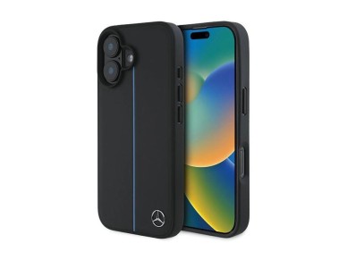 Mercedes MB Blue Line Leather MagSafe iPhone 16 Case - Black Mercedes MB Blue Line Leather MagSafe iPhone 16 Case - Black