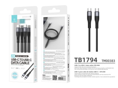 Techancy TB1794 USB-C to USB-C Cable, 60W PD, Fast Charging, Data Transfer, 2m, Aluminum, TPE, Black Techancy TB1794 USB-C to USB-C Cable, 60W PD, Fast Charging, Data Transfer, 2m, Aluminum, TPE, Black