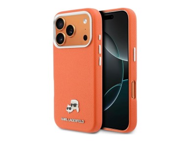 Karl Lagerfeld Karl & Choupette Head Pins Saffiano MagSafe Case for iPhone 17 Pro - Orange Karl Lagerfeld Karl & Choupette Head Pins Saffiano MagSafe Case for iPhone 17 Pro - Orange