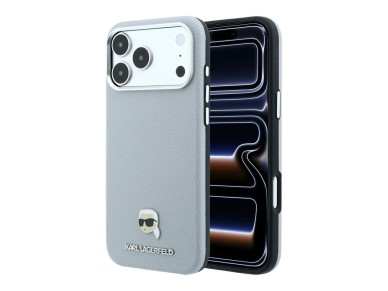 Karl Lagerfeld Grained Karl Head Metal MagSafe Case for iPhone 18 Pro Max / 17 Pro Max - Gray