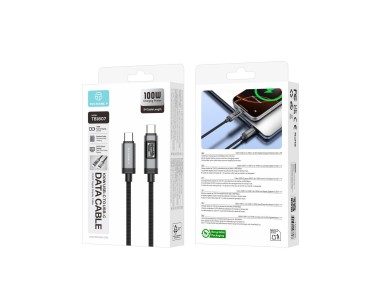 Cabo USB-C para USB-C 100W TECHANCY TB1807, 1 m, Ecra Digital OLED, Nylon Entrancado, Dados 480 Mbps Cabo USB-C para USB-C 100W TECHANCY TB1807, 1 m, Ecra Digital OLED, Nylon Entrancado, Dados 480 Mbps