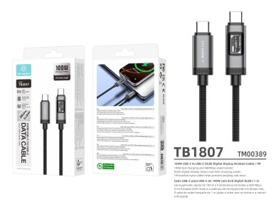 Cabo USB-C para USB-C 100W TECHANCY TB1807, 1 m, Ecra Digital OLED, Nylon Entrancado, Dados 480 Mbps Cabo USB-C para USB-C 100W TECHANCY TB1807, 1 m, Ecra Digital OLED, Nylon Entrancado, Dados 480 Mbps
