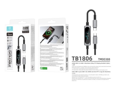 USB-C to USB-C Cable 240W TECHANCY TB1806, PD 3.1, 1.2 m, TFT Touch Screen, Nylon Braided, Data 480 USB-C to USB-C Cable 240W TECHANCY TB1806, PD 3.1, 1.2 m, TFT Touch Screen, Nylon Braided, Data 480