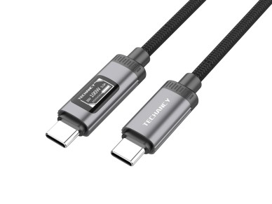 Cabo USB-C para USB-C 100W TECHANCY TB1807, 1 m, Ecra Digital OLED, Nylon Entrancado, Dados 480 Mbps Cabo USB-C para USB-C 100W TECHANCY TB1807, 1 m, Ecra Digital OLED, Nylon Entrancado, Dados 480 Mbps
