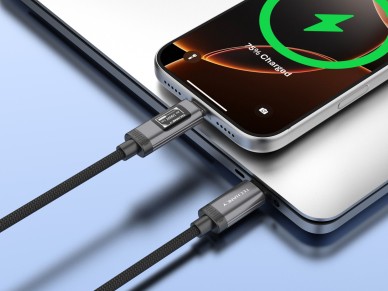 Cabo USB-C para USB-C 100W TECHANCY TB1807, 1 m, Ecra Digital OLED, Nylon Entrancado, Dados 480 Mbps Cabo USB-C para USB-C 100W TECHANCY TB1807, 1 m, Ecra Digital OLED, Nylon Entrancado, Dados 480 Mbps
