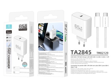 TECHANCY TA2845 65W USB-C Charger, PD 3.0 PPS, Fast Charging, 1.5m 60W USB-C to USB-C Cable Included TECHANCY TA2845 65W USB-C Charger, PD 3.0 PPS, Fast Charging, 1.5m 60W USB-C to USB-C Cable Included